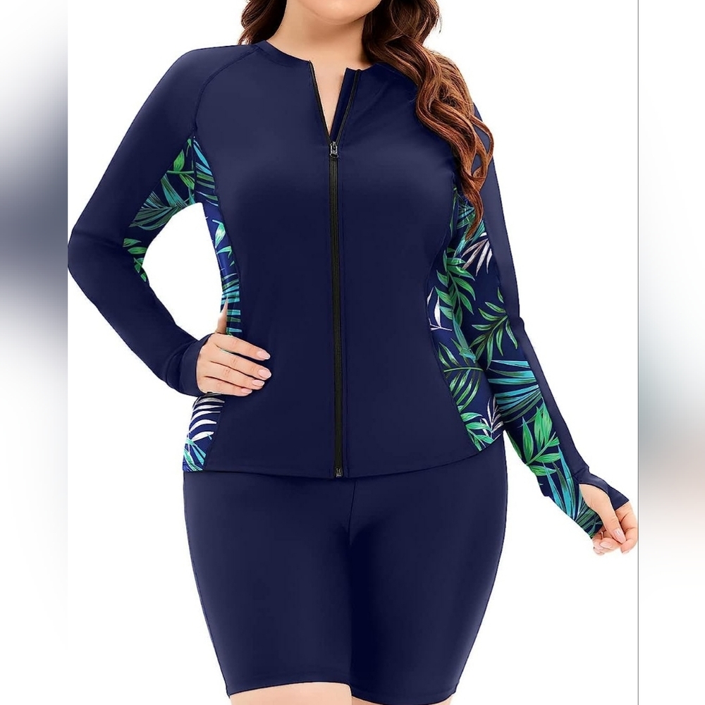 Navy Plus-Size Zip Front Long Sleeve Swim Top with Tropical Panels